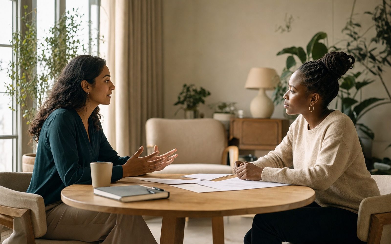 Two professionals having a focused conversation across a table