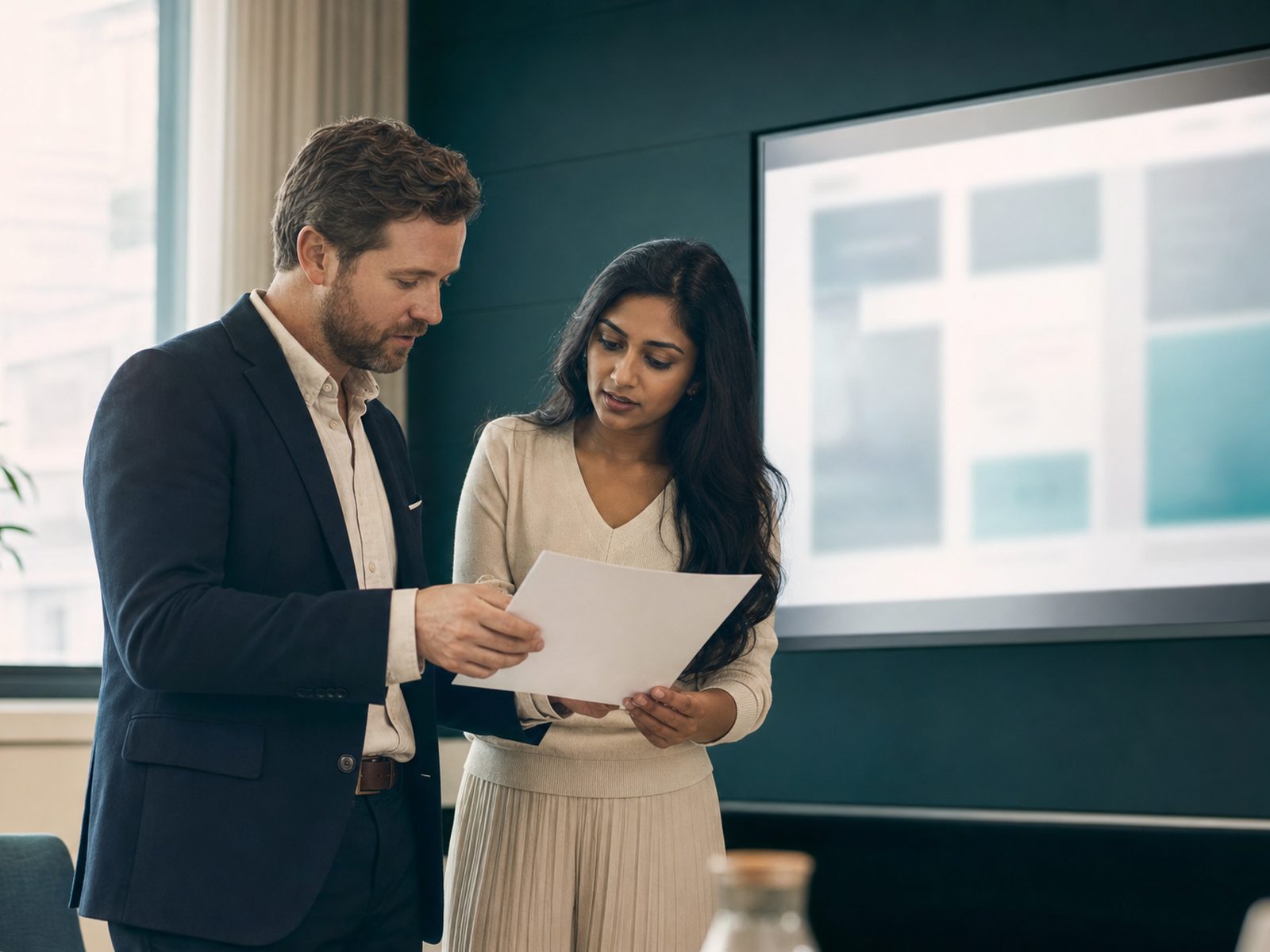 Two colleagues reviewing a role brief on screen