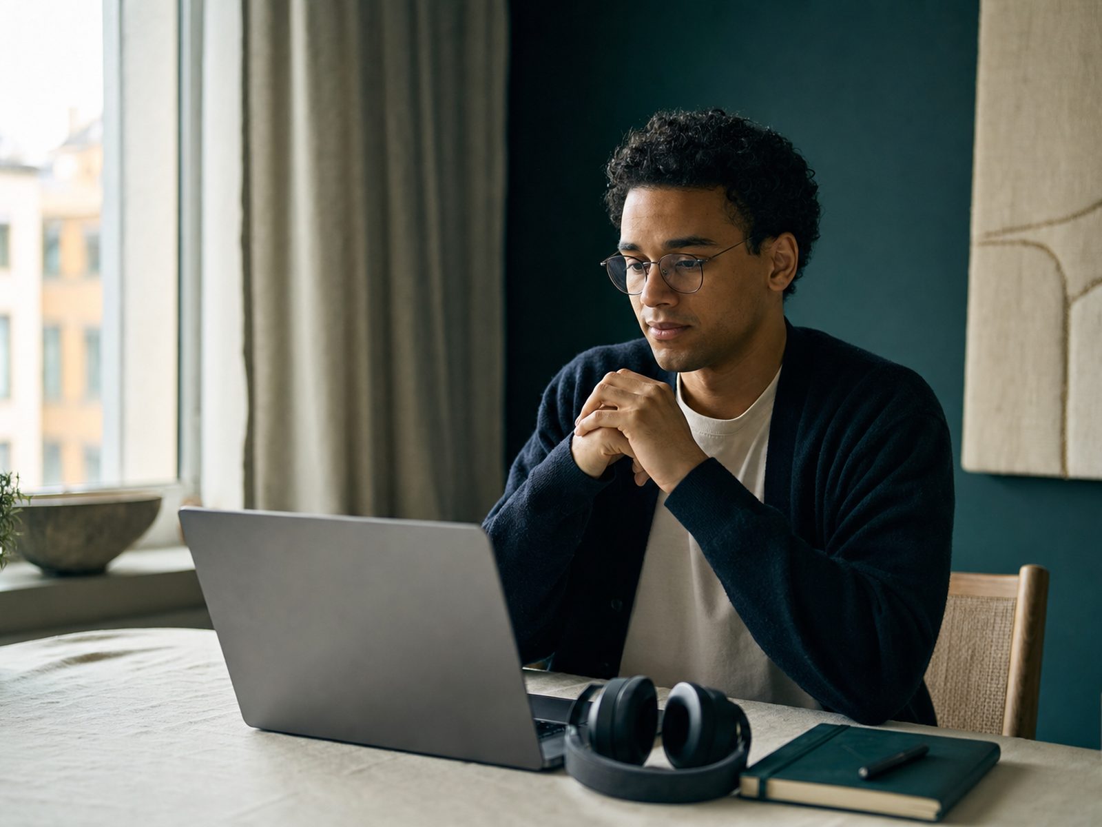 A candidate practising an interview at a laptop in a quiet room