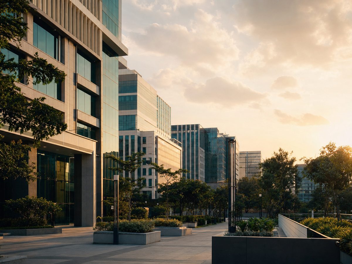 Modern Indian city business district at golden hour