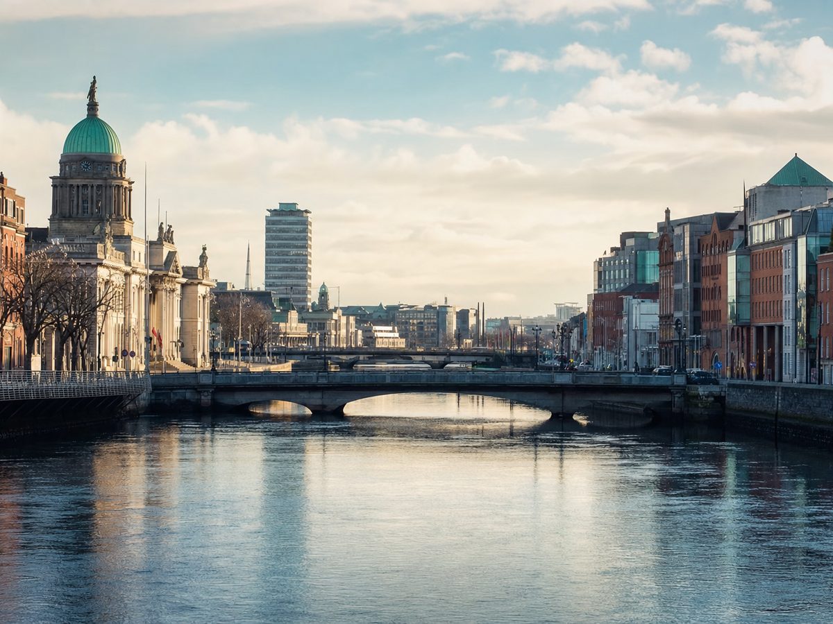 An Irish city street in the early evening, representing international career opportunities