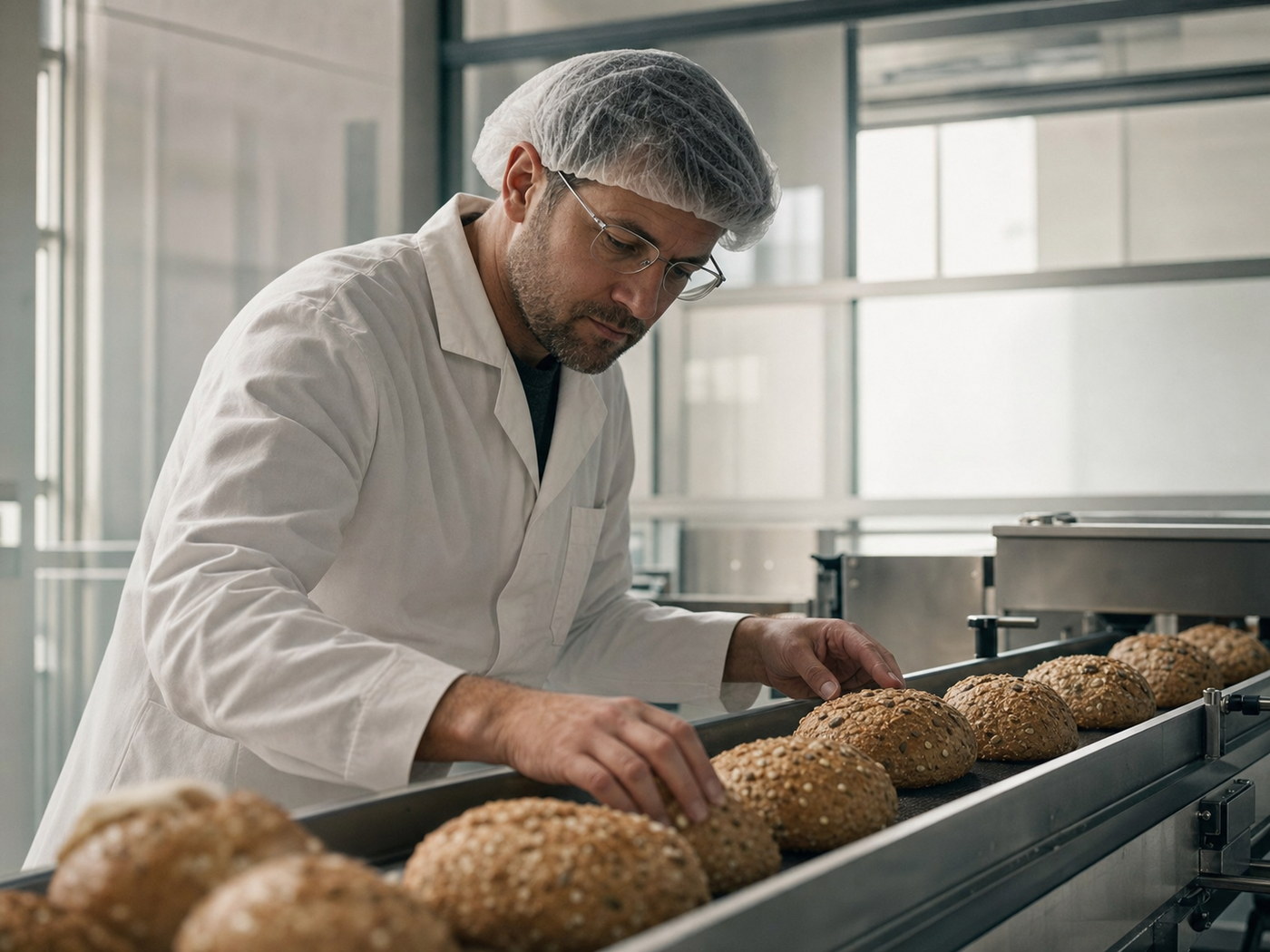 Quality technician inspecting product on a bright food production line