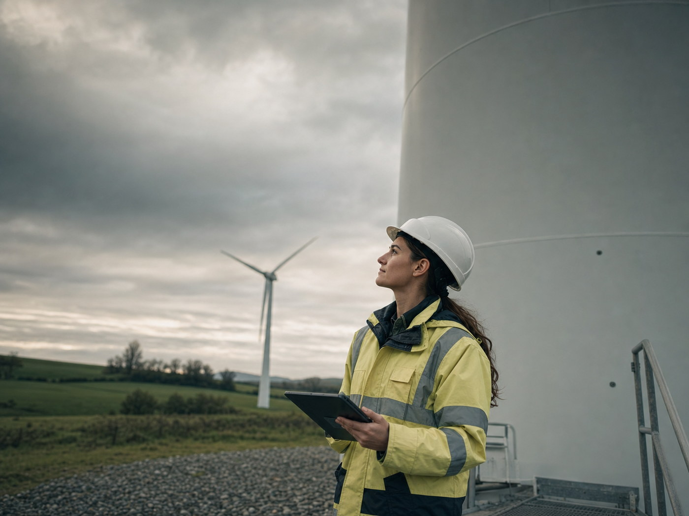 Engineer in high-visibility clothing at the base of a wind turbine