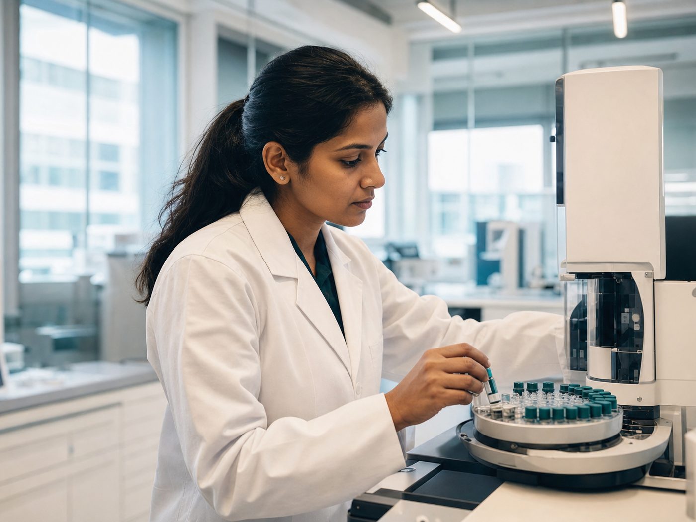 Healthcare professional reviewing notes in a bright clinical setting