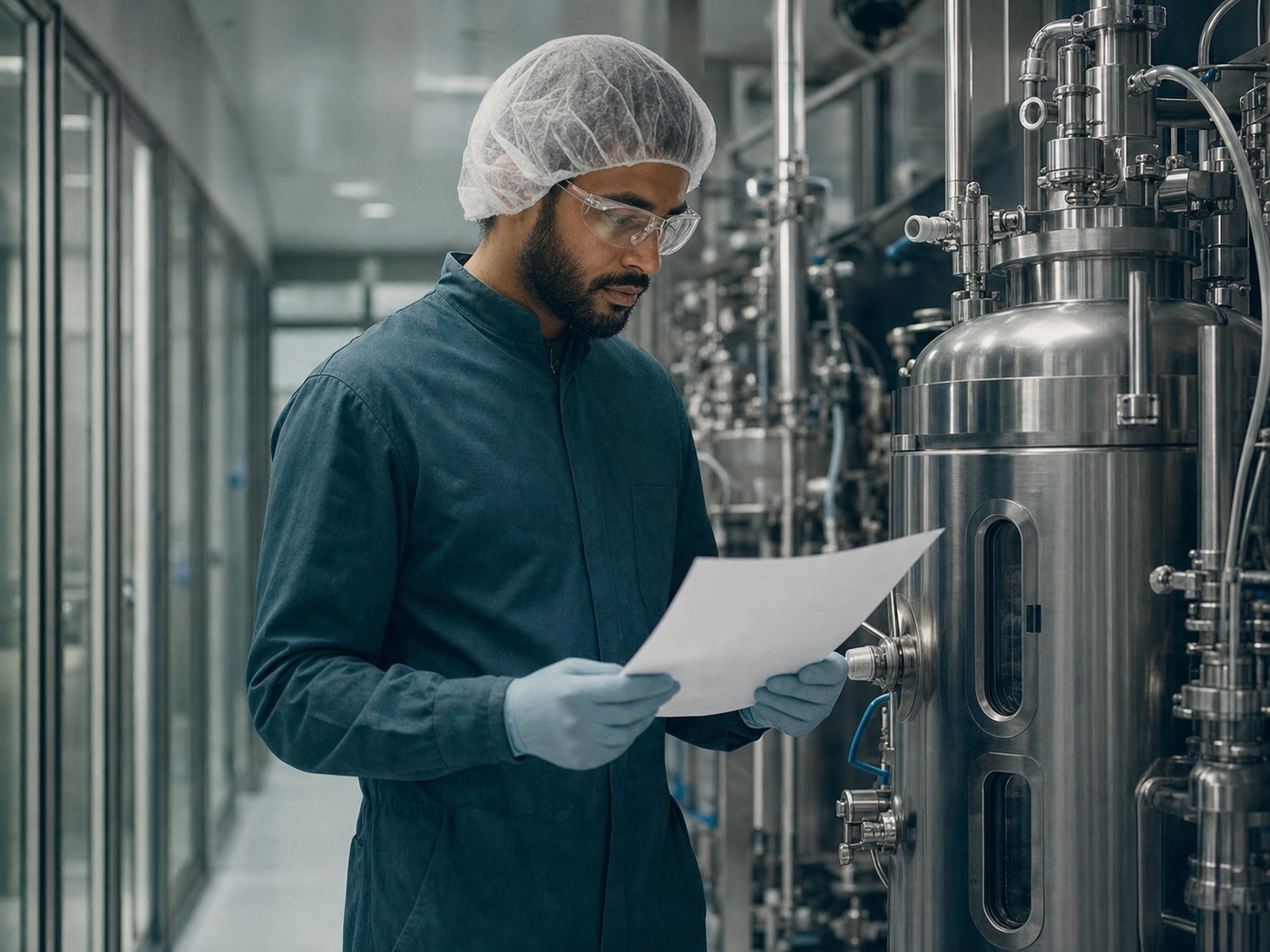 Gowned operative reviewing a batch record beside bioreactor equipment