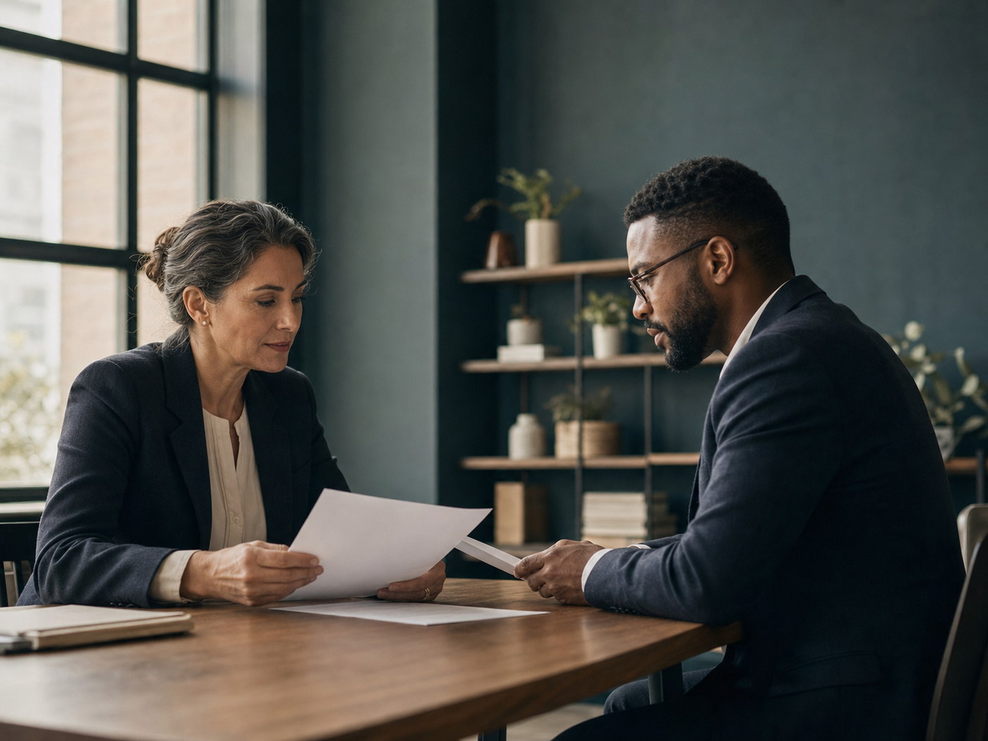 Two colleagues in a considered discussion across a table of documents