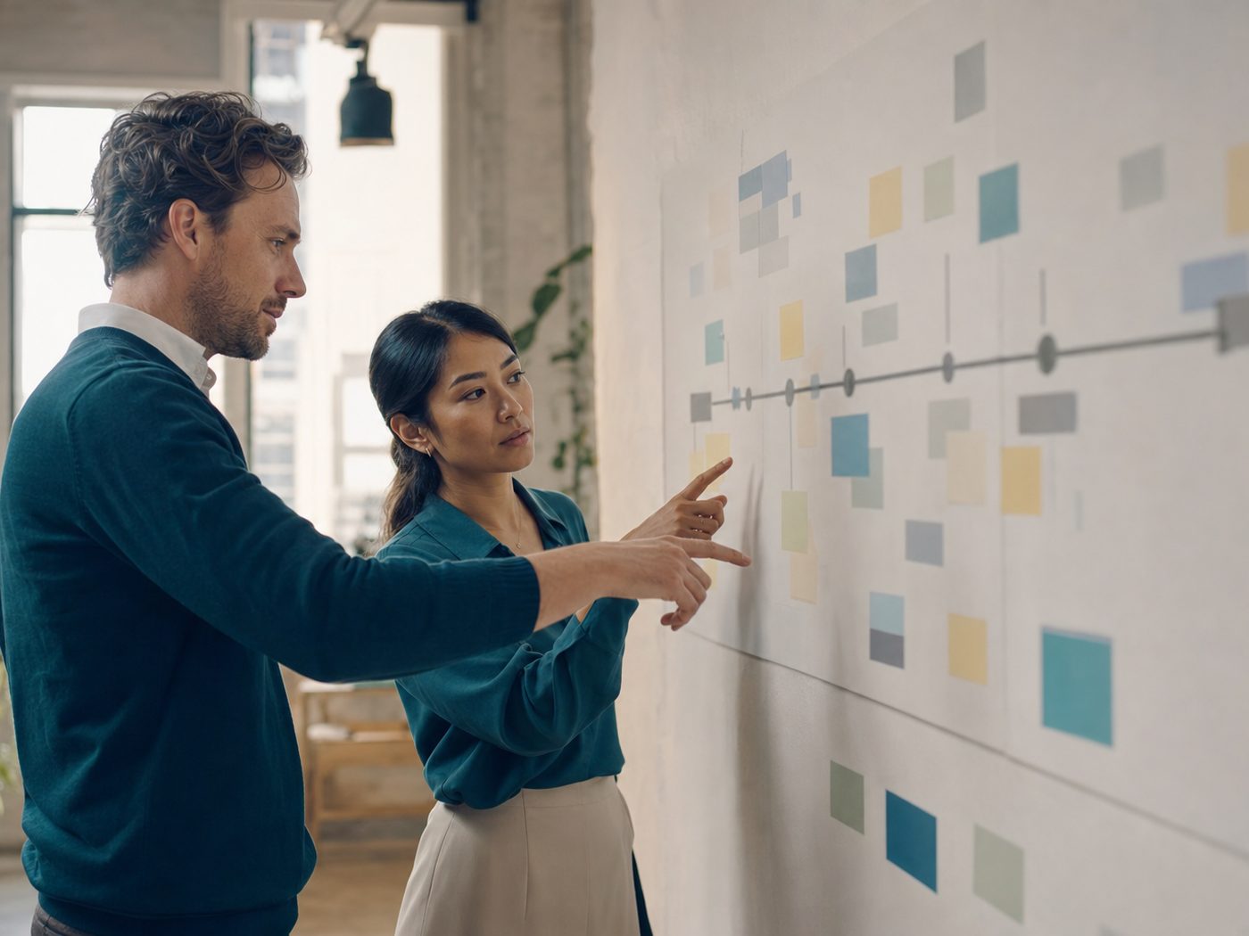 Two people planning a delivery timeline on a planning wall