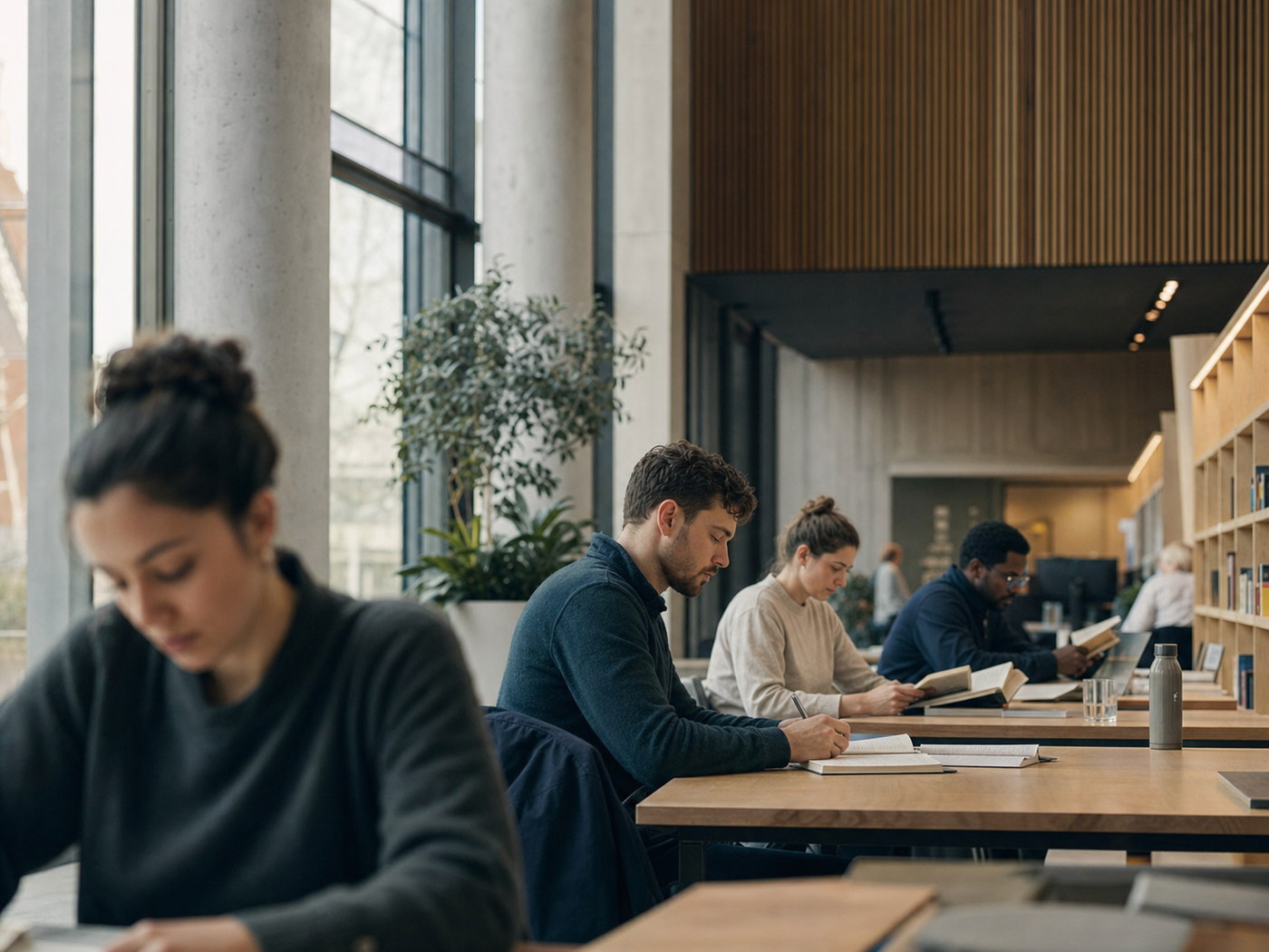 Bright modern university library interior with people working