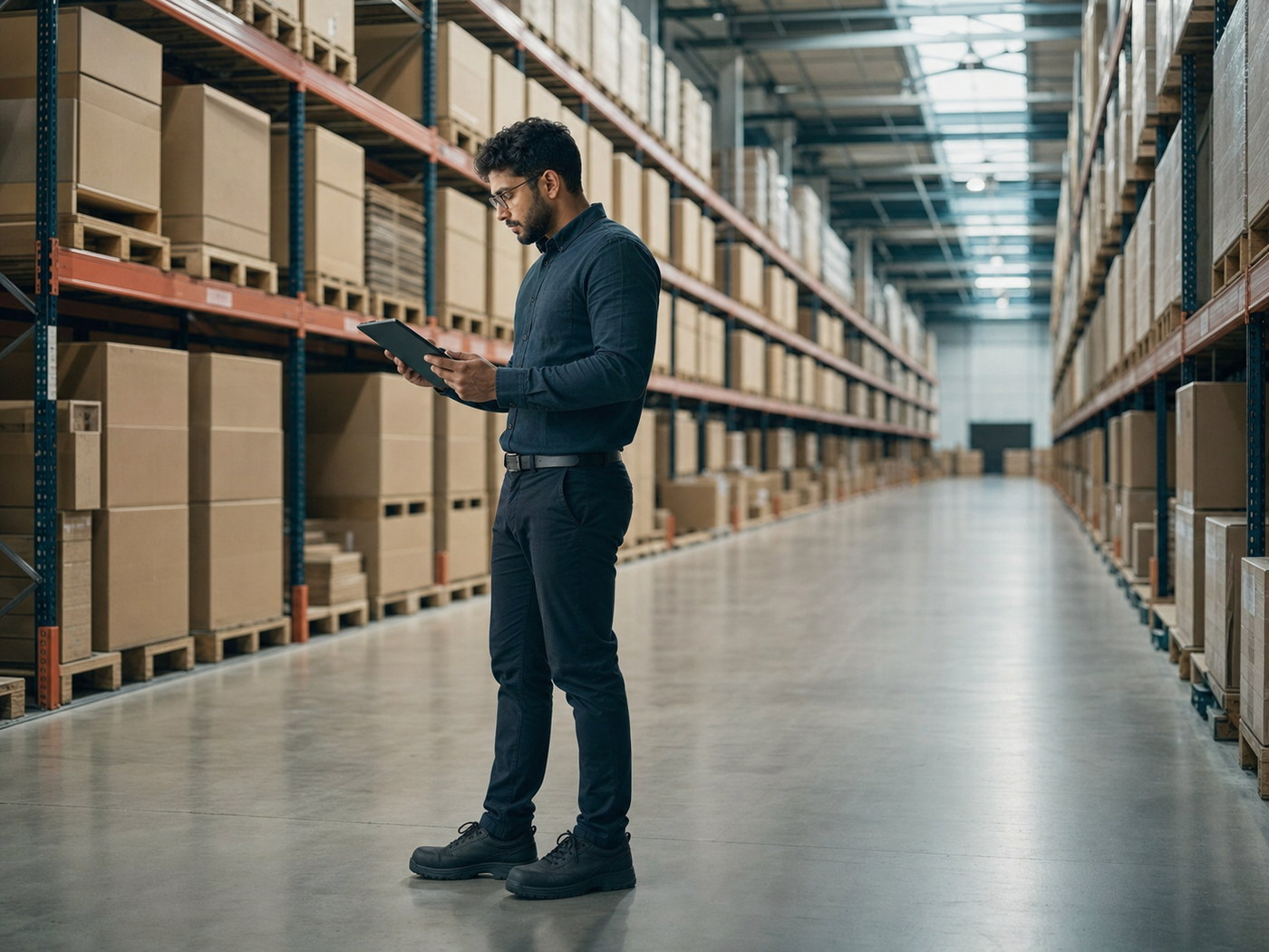 Planner with a tablet in a wide distribution centre aisle