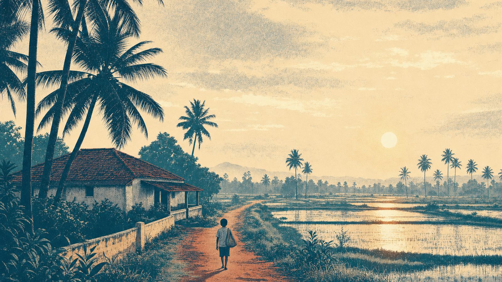 Illustration of a small child walking a red-earth path at dawn between paddy fields and coconut palms in a Tamil Nadu village