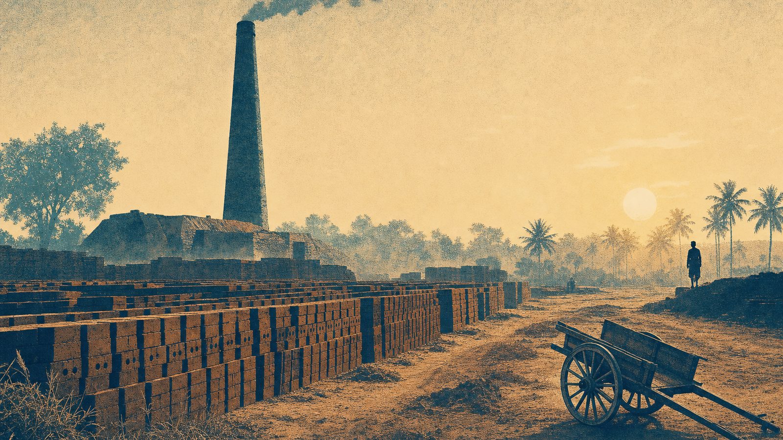 Illustration of a rural brick kiln at dawn with a tall chimney and long rows of stacked hand-made clay bricks