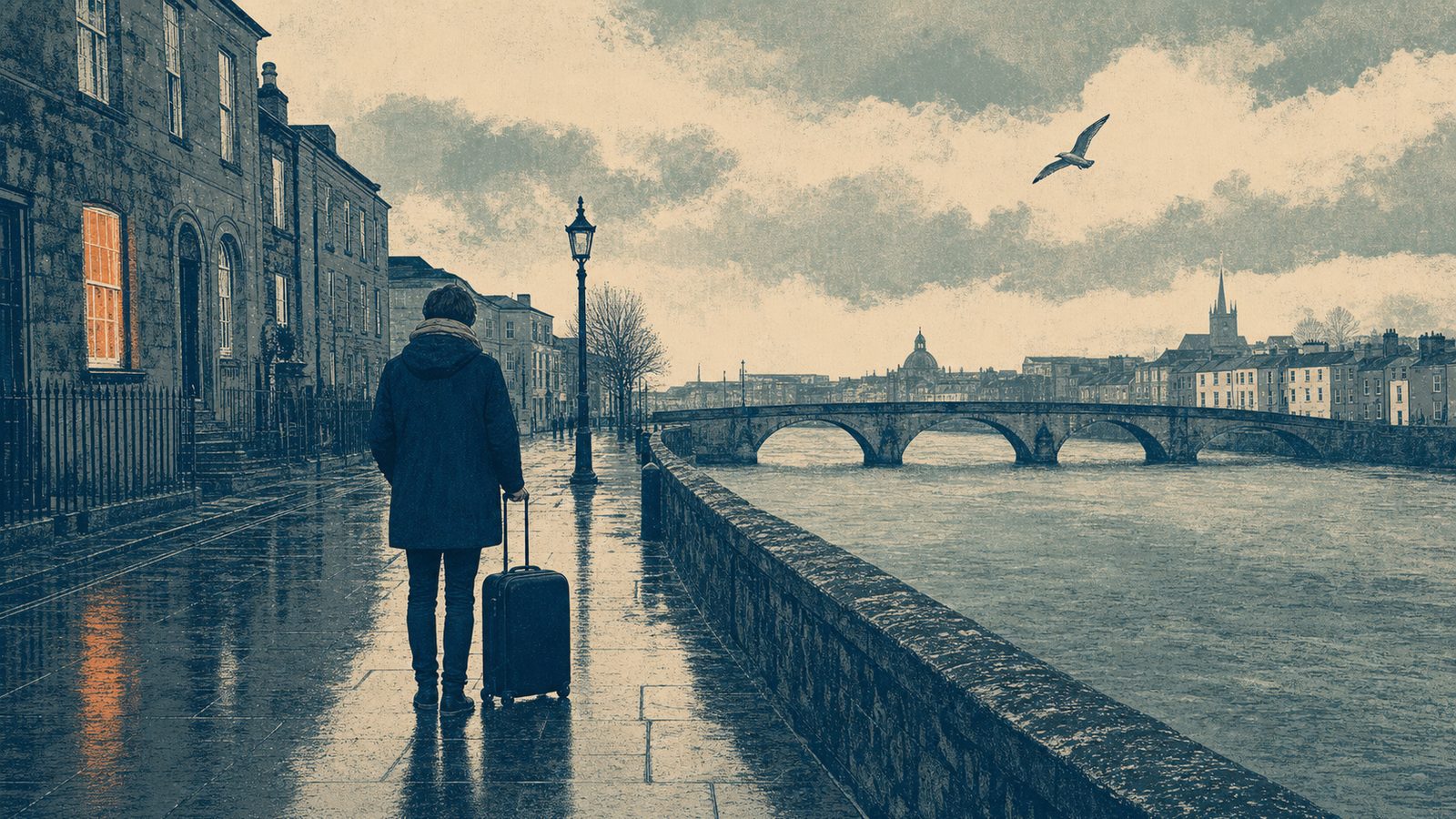 Illustration of a person with a single suitcase standing on a rain-slicked Irish quay looking towards a stone arch bridge