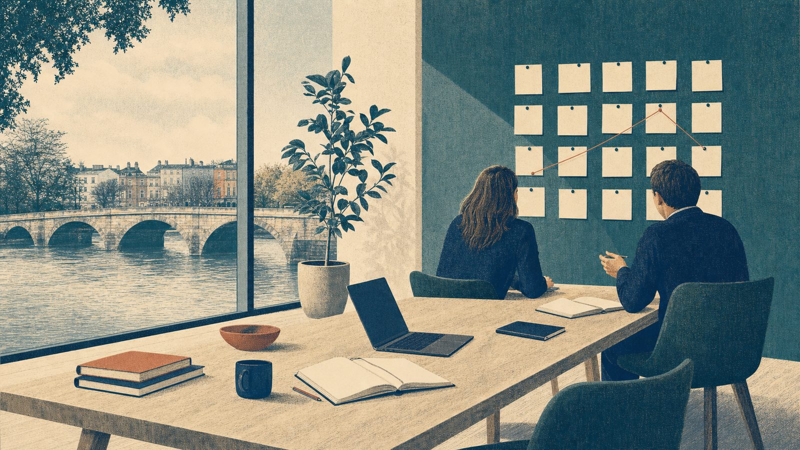Illustration of two people in conversation at a long table in a bright consultancy workspace beside an Irish river